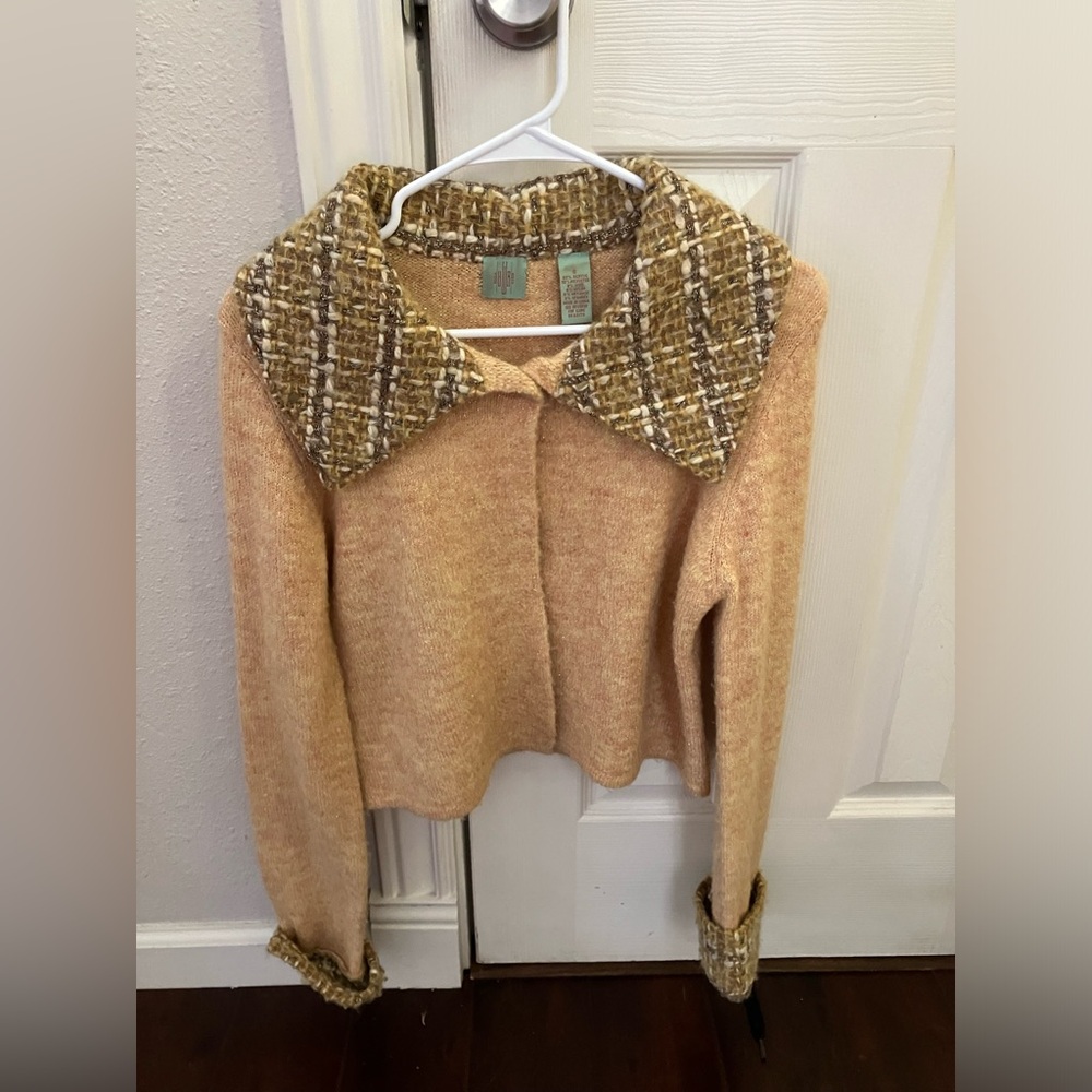 HWR Monogram Anthropologie Tweed Collared Cuff Cardigan Sweater SMALL